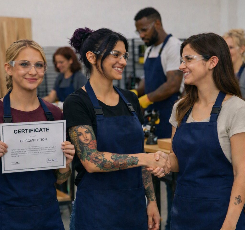 Vocational training center graduate receiving a certificate of completion and shaking hands with an instructor