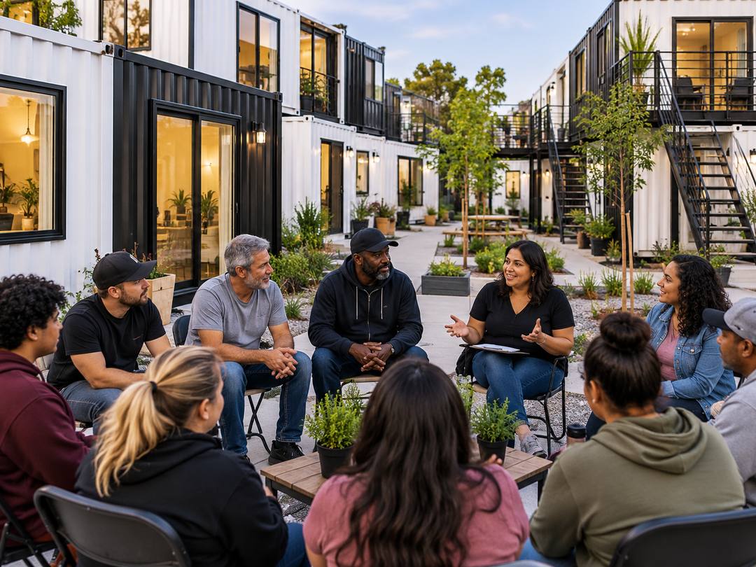 Group counseling session held outdoors among the shipping container homes of the foundation's community