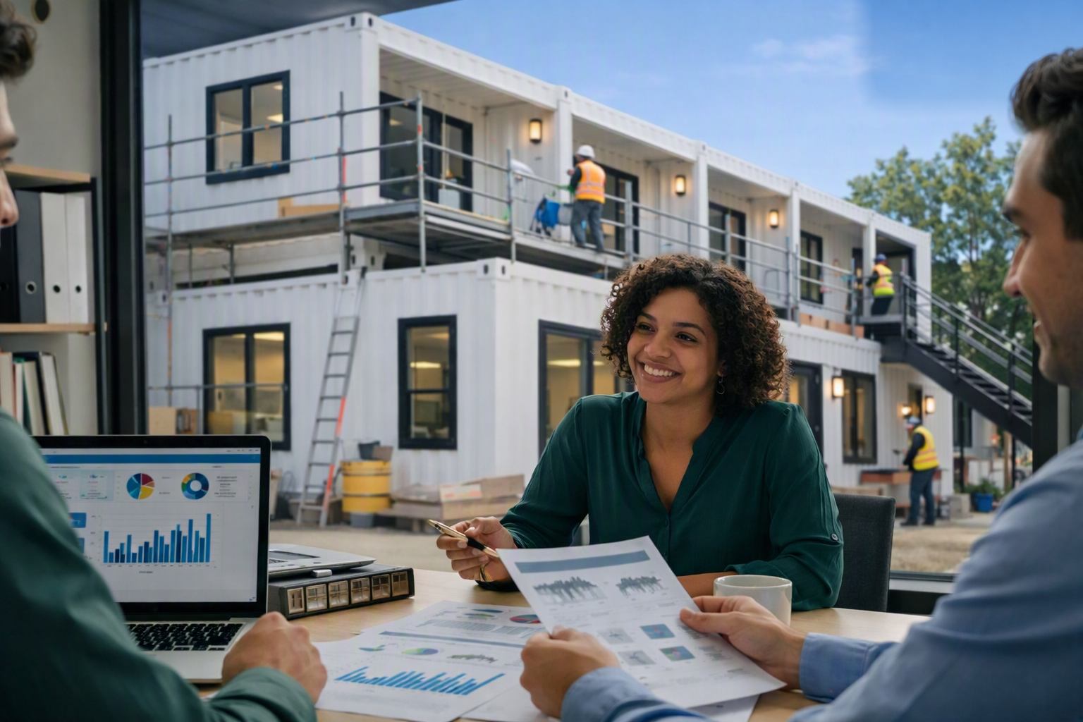 Foundation team reviewing community housing plans as container homes are built