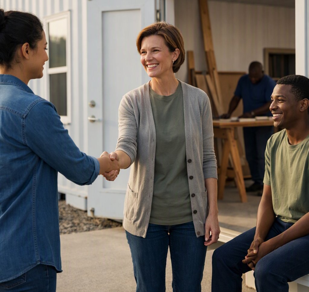 Staff member shaking hands with a participant outside the foundation's vocational training center